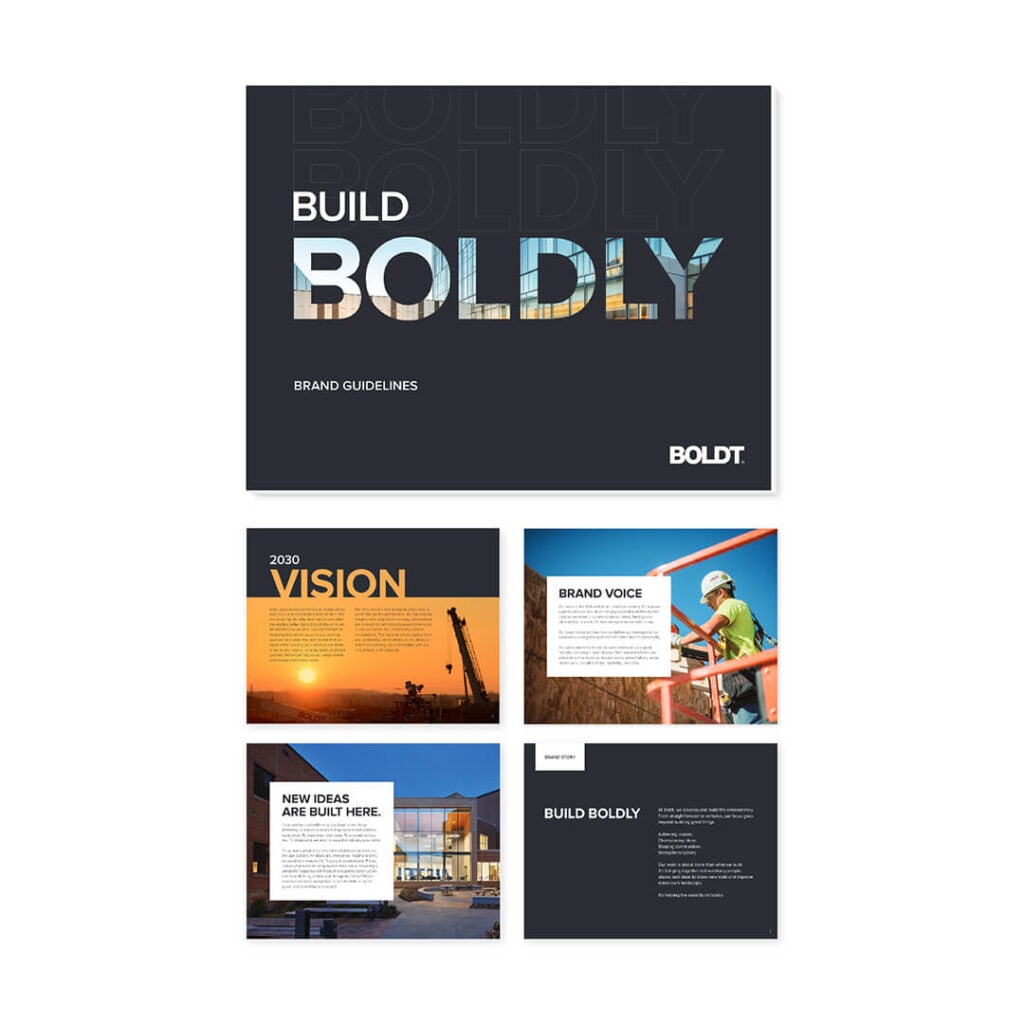 Screenshots of a brand playbook showing construction photos