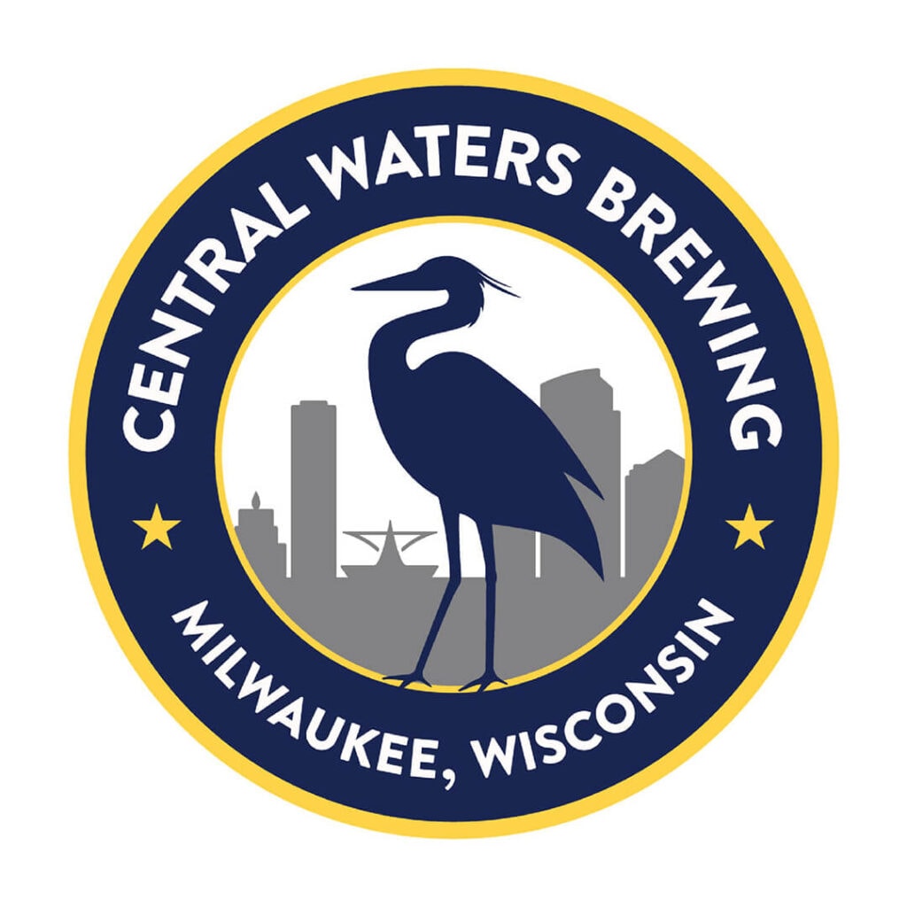Blue heron silhouette against gray MKE skyline with text "Central Waters Brewing, MKE, Wisconsin"