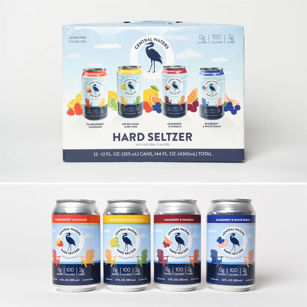Central Waters Brewing hard seltzer packaging with heron and blue colors