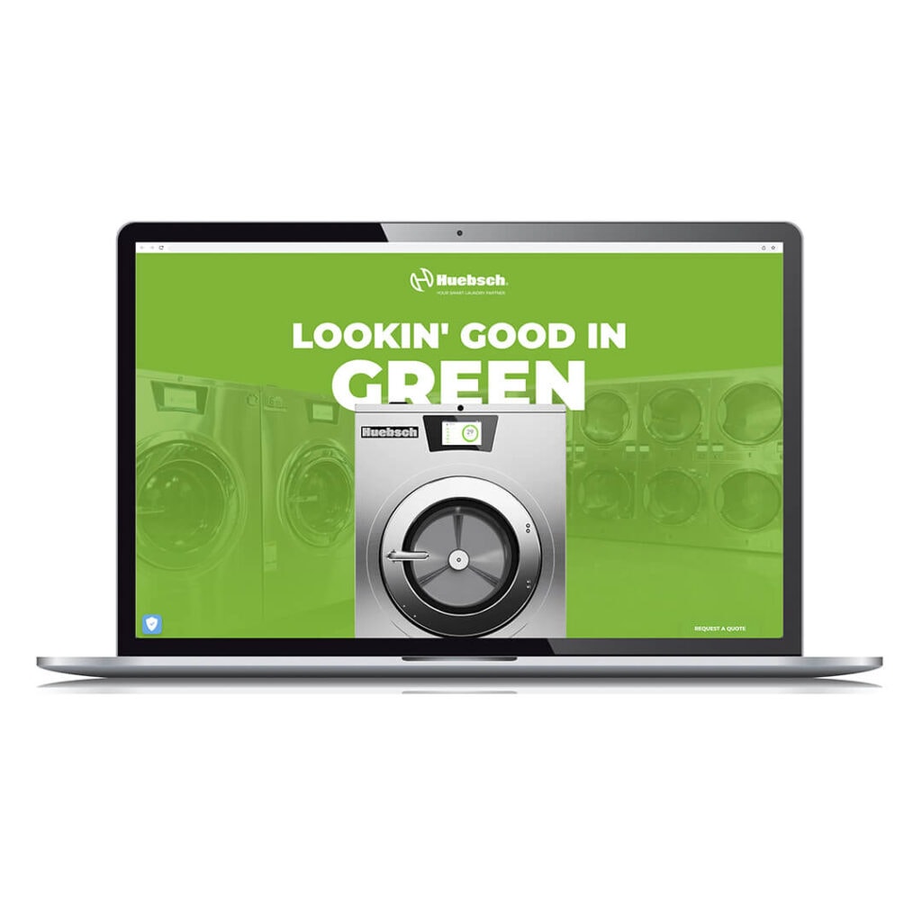 Screenshot on laptop of washer with green background and text "Lookin' Good in Green"