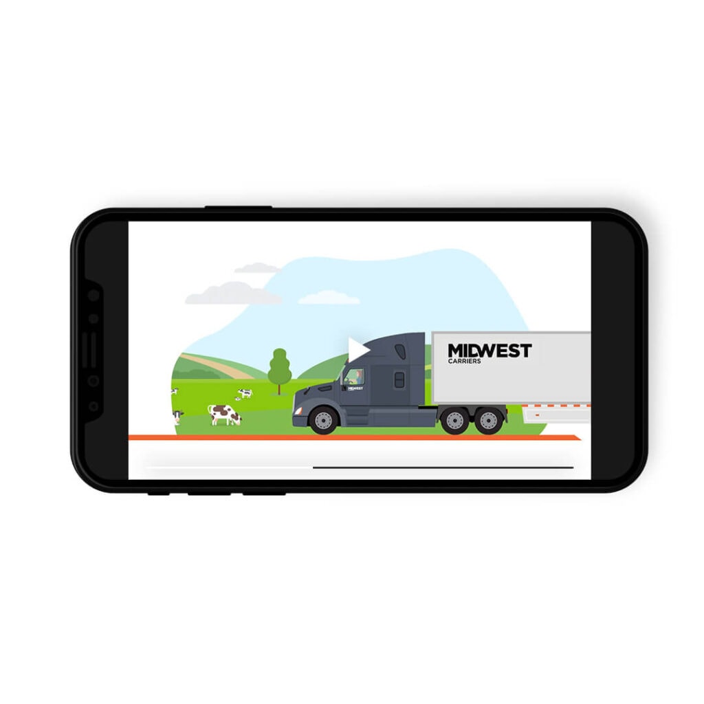 Screenshot of mobile phone with animated video of Midwest Carriers semi driving by cows