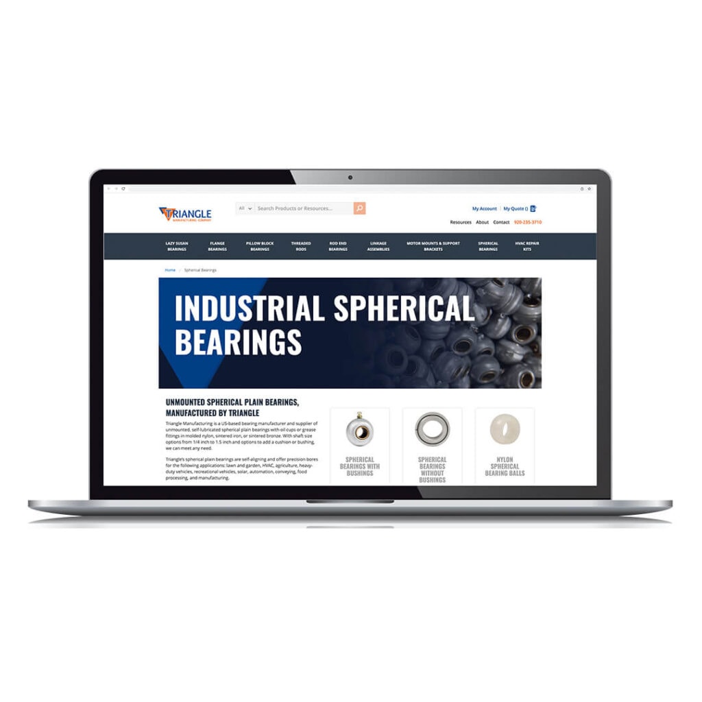 Screenshot on laptop of webpage with headline text "Industrial spherical bearings"
