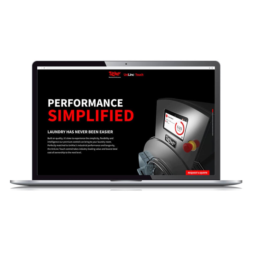 Black webpage with touch-screen washer and text "Performance Simplified"