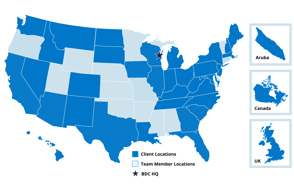 map of United States with regions highlighted of team member and client locations